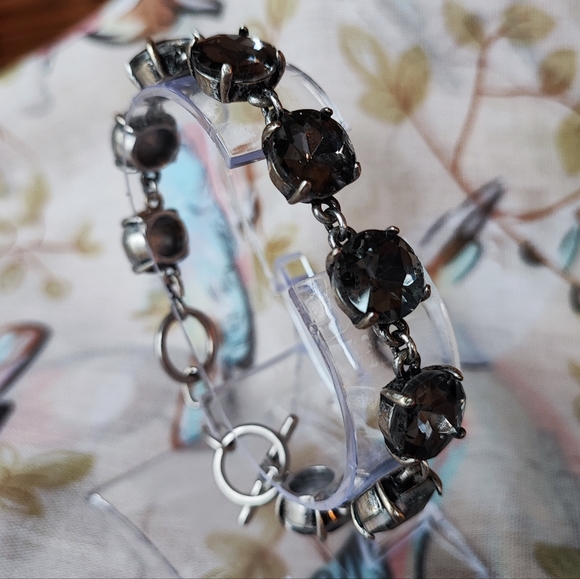 Round Faceted Prong Set Smoke Rhinestone Oxidized Pewter Color Setting Bracelet - Picture 7 of 11